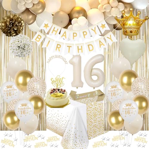 Image of Sweet 16 Party Decorations, White and Gold 16th Birthday Decorations for Girls Happy Birthday Banner Tablecloth Cake Topper Bday Sash Crown Fringe Curtain Balloons for Girls Sweet 16 Party Deco