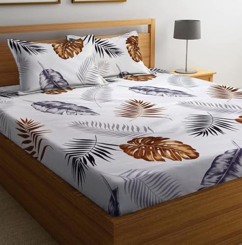 Image of NEW LEAF Premium Cotton Elastic Fitted Bedsheets with 2 Pillow Covers | Double Bed with All Around Elastic 220 TC Supersoft | for 78x72+10 Mattress, Pure White & Grey