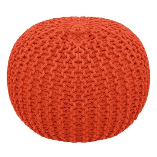 COTTON CRAFT Round Pouf - Hand Knitted Cotton Braid Cord Cable Dori Ottoman - Foot Stool Floor Pouf Footrest Accent Seat Furniture Bean Bag - Living Room Kids Room Nursery Dorm Décor - 20x14 - Orange