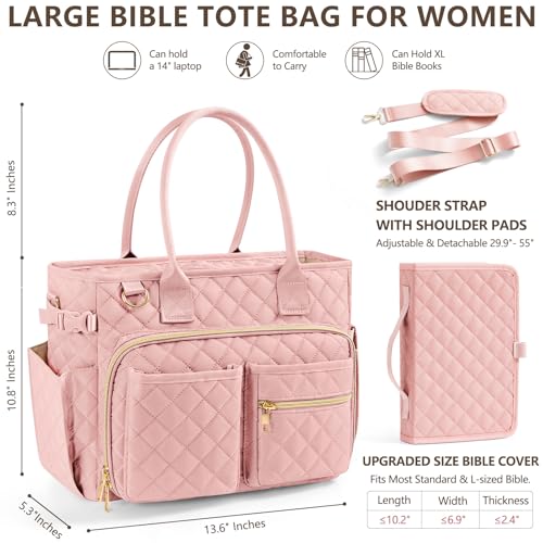 Image of Large Bible Bag with Bible Cover Case for Women, Quilted Church Tote Bag Carrying Case w /Shoulder Strap, Bible Study Supplies Journaling Kit Accessories, Christian Gift for Women Mom Friends Teacher