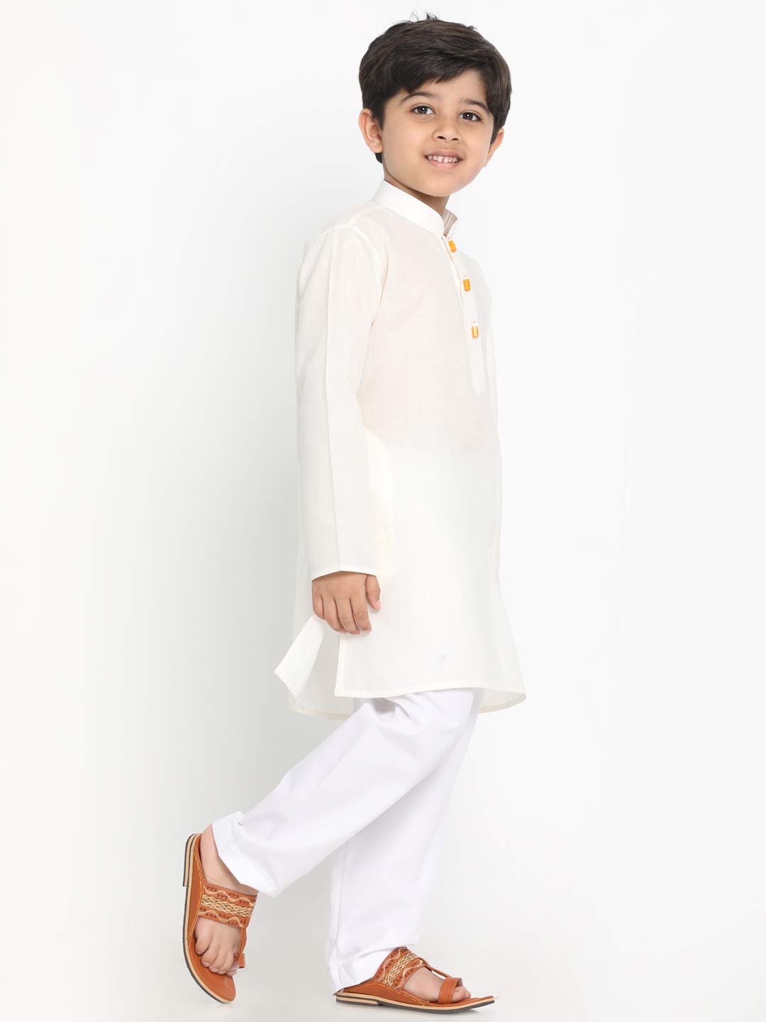 Jbn Creation Boys' Cream Cotton Blend Kurta Pyjama And Cap Set
