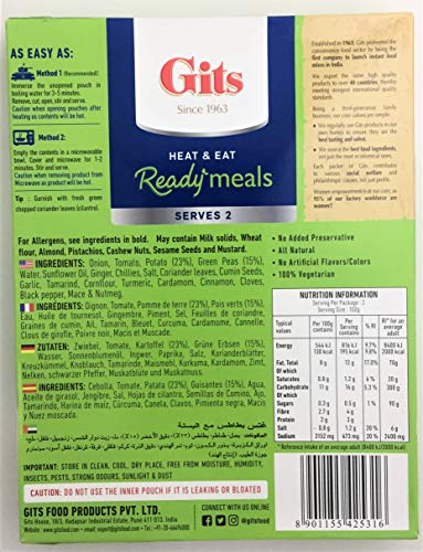 Image of Gits Ready to Eat Aloo Matar, Pure Veg Heat and Eat Indian Meal, Microwaveable, 300g (Pack of 3)
