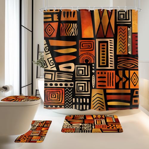 Glawry 4Pcs African Shower Curtain Sets 72Wx72L Non-Slip Rugs Toilet Lid Cover and U-Shaped Mat Tribal Afro American Ethnic Bathroom Sets with Rugs Shower Accessories with 12 Hooks for Bathroom Decor
