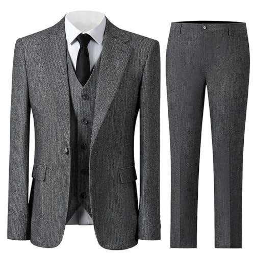 Men's Tweed Herringbone 3 Piece Suit Wedding Prom Tuxedo Peak Lapel Slim Fit Blazer Vest Pants Comfortable Set2