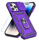 SunStory Compatible with iPhone 14 Pro Case with HD Screen Protector & Slide Camera Cover & Rotated Ring Kickstand, [Military-Grade] Phone Case for iPhone 14 Pro (Purple)