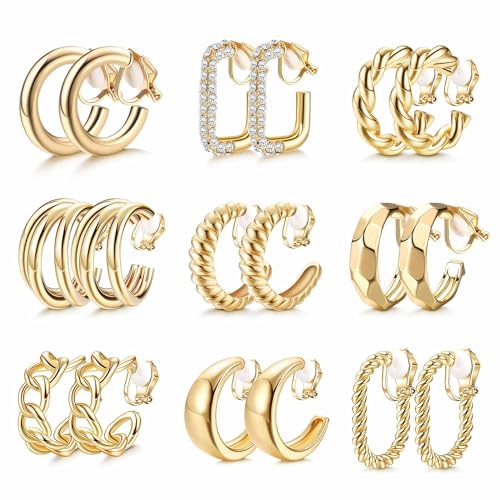 THUNARAZ Gold Clip on Earrings 14K Gold Plated Chunky Hoop Clip Earrings Trendy Clip on Hoop Earrings for Women Non-Pierced Fake Jewelry