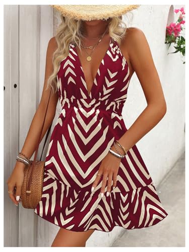 Image of SweatyRocks Women's Printed Tie Backless Mini Dresses Ruffle A Line Sleeveless Low Cut Halter Dress