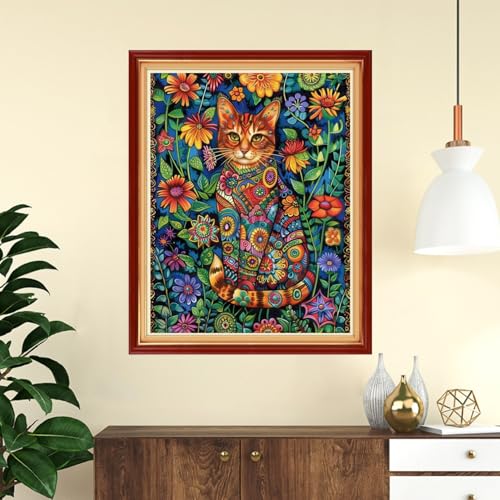 Image of Funchey Stamped Cross Stitch Kits, DIY Cross Stitch Pattern for Adults Beginners Needlepoint Kits Embroidery Kit Arts and Crafts 11CT-Magic Cat Flower 16x20 inch