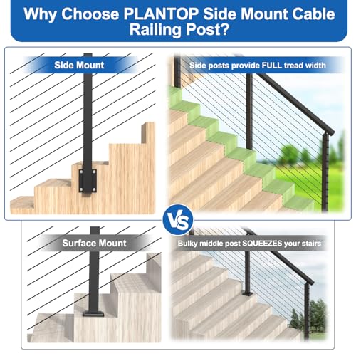 Image of 36 inch Right Side Mount Stair Cable Railing Post for 25-35 Degrees Stair, Stainless Steel Single Black Coated Fascia Mount Post for Cable Railing Kit, Indoor Outdoor Use, MY09-S