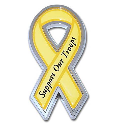 Image of Elektroplate Support Our Troops Yellow Ribbon OEM Chrome Emblem for Cars, Trucks, and All Auto | Universal Fit at 3.25 inch x 1.5 inch | Weatherproof