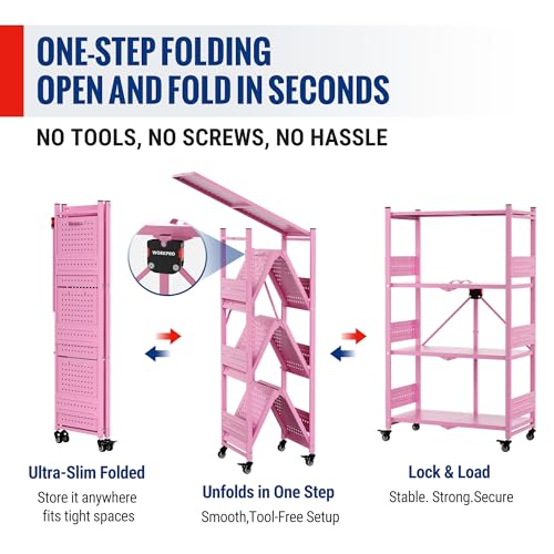 Image of WORKPRO 4-Tier Folding Shelf, No-Assembly Metal Storage Rack with Wheels, 600 lbs Capacity (with Leveling Feet), Collapsible Shelving Unit for Kitchen, Pantry, Closet & Craft Shows - Pink