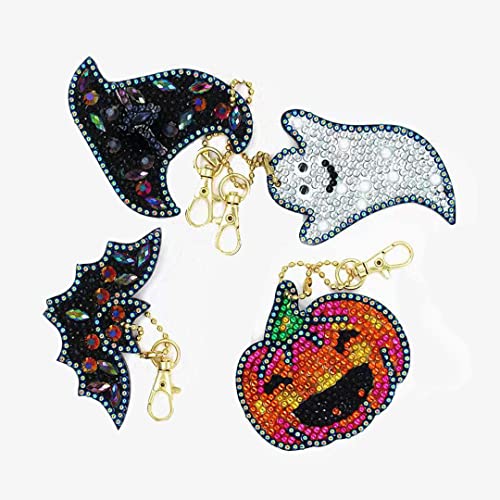 ycyingcheng Halloween Bat Ghost Schlüsselanhänger, 4PCS 5D DIY Diamant Schlüsselanhänger, Horror DIY Kristall Strass Stickerei Kits für Frauen Mädchen Handyhüllen Anhänger Cover
