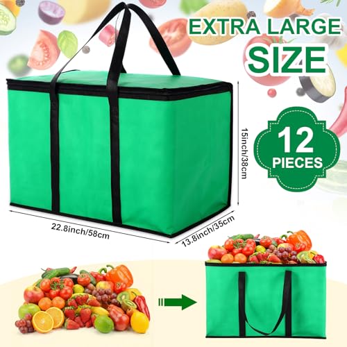 Sunnymove 12 Pcs Large Insulated Food Delivery Bag Bulk XXXL Reusable Grocery Bags Foldable Catering Insulated Cooler Bag with Sturdy Handles for Takeout Shopping Camping, Warmer/frozen(Green)