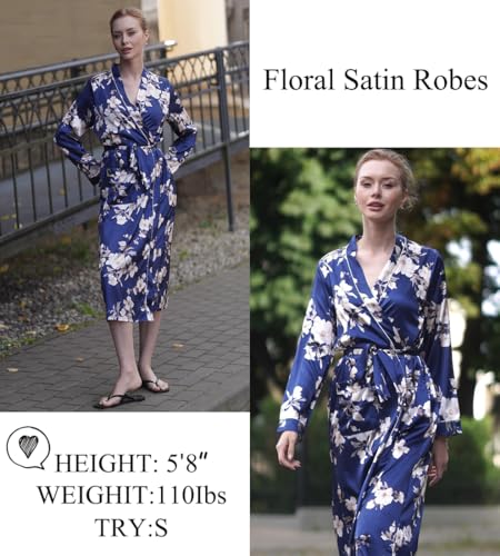 Image of Ekouaer Satin Robes for Women Long Sleeve Silk Bathrobe Soft Lightweight Full Length Sleepwear Bridesmaid Wedding Party Robes