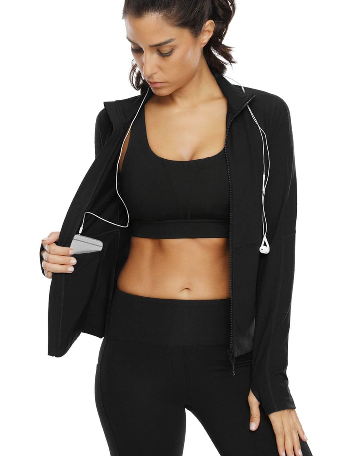 VUTRU Damen Laufjacke Hoher Kragen Leicht Sportjacke Langarm Yoga Shirt Fitness Jacke Atmungsaktive Trainingsjacke mit Daumenlöchern und durchgehendem Reißverschluss