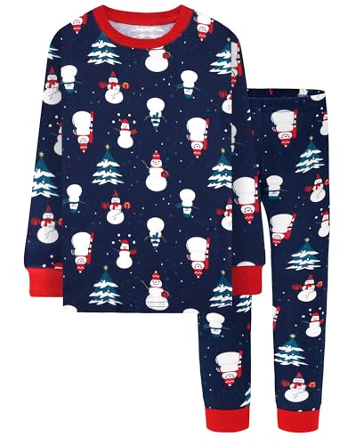 DAUGHTER QUEEN Boys Christmas Pajamas Size 7 Snowman Themed Pjs for Kids 7t 100% Cotton Pj Sets Child Sleepwear Jammies Xmas Clothes Medium, 6-7 Years Old, Navy