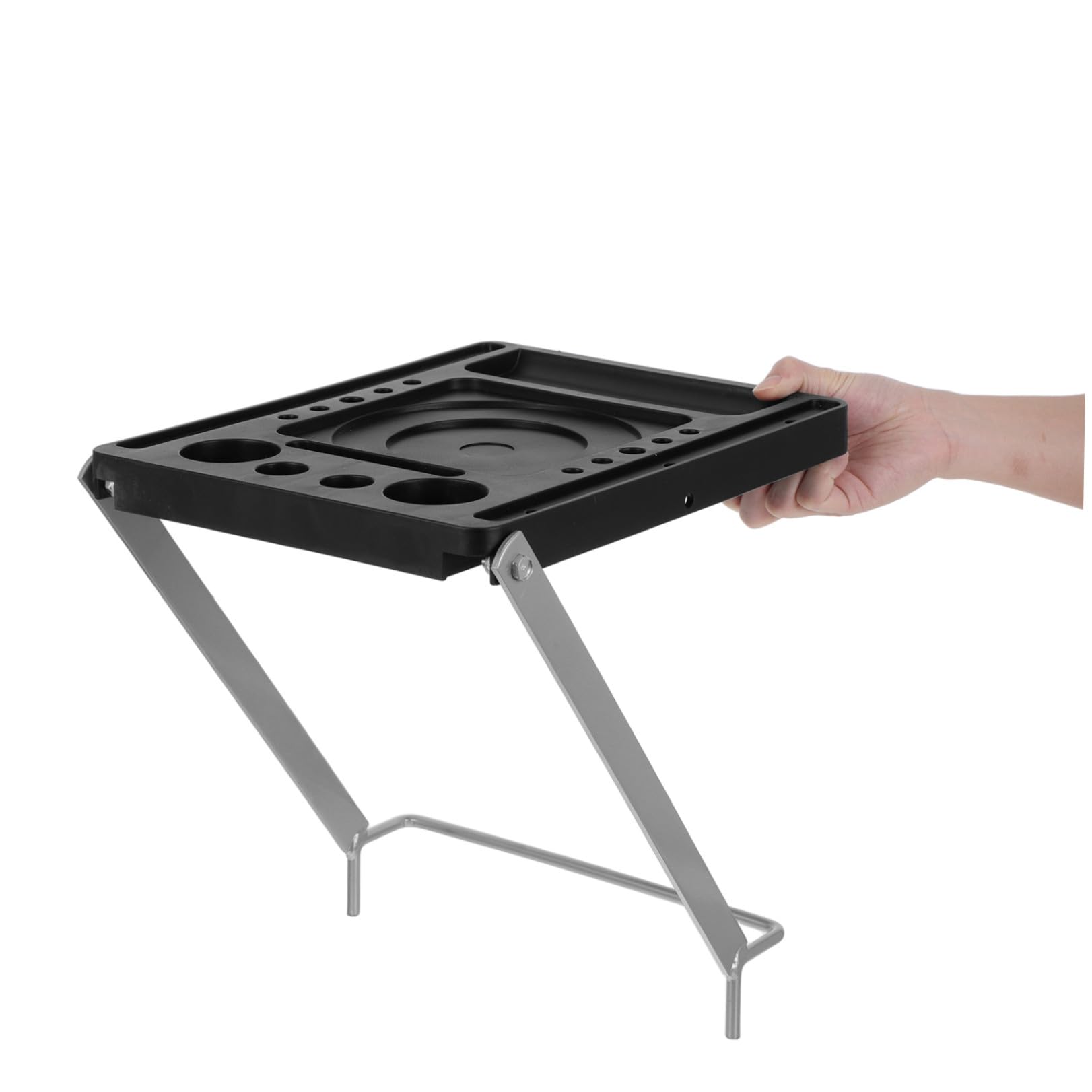 VILLCASE Portautensili Facile da Trasportare per Scala Pieghevole in Plastico e Ferro Nero Scanalature Multisize Antiscivolo, Ripiano Compatto per Riparazioni e Giardinaggio