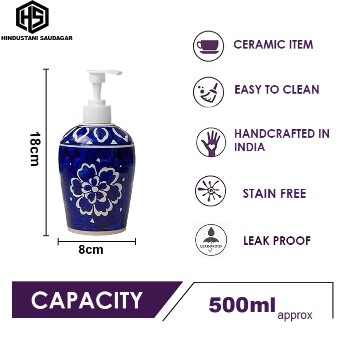 Image of HS HINDUSTANI SAUDAGAR Royal Blue Flower Ceramic Liquid soap Dispenser 500ml Handmade Hand wash Bottle for Bathroom Kitchen Sink wash Basin Shampoo Lotion Dispenser Ideal for Decor Daily use & Gift.