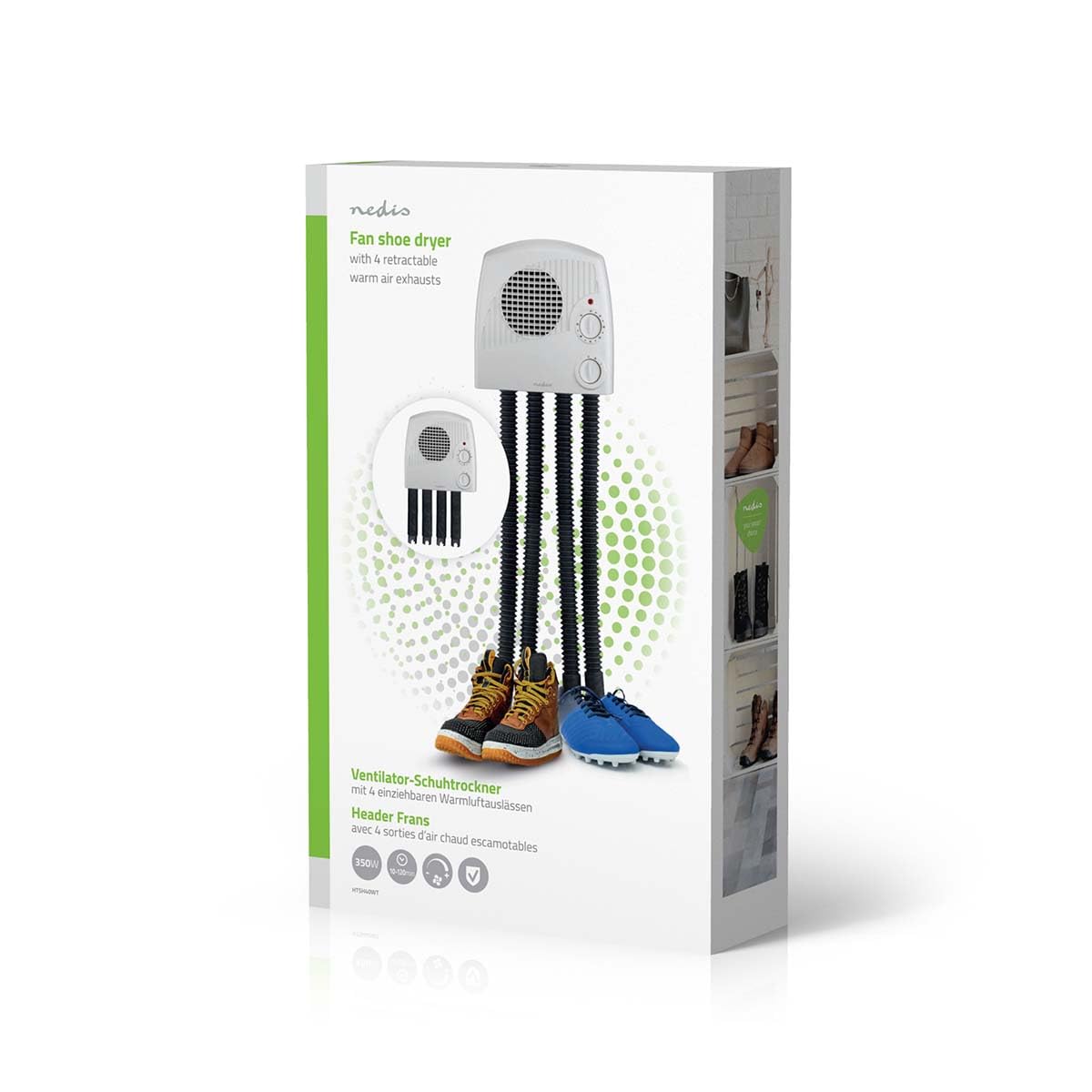 NEDIS HTSH40WT | Sèche-chaussures et bottes mural électrique | 350 W | 4 sorties d’air pour 2 paires | Minuterie 10 à 120 minutes | Protection contre la surchauffe | Blanc