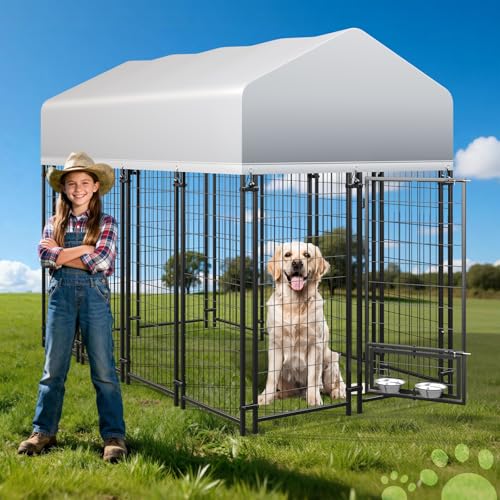 8x4x5 FT Outside Large Dog Kennel with roof,Heavy Duty Dog Enclosure with Waterproof, 2 Rotating Dogs Bowls, Outdoor Dogs Cage Run with Secure Lock (96 x 48 x 60 in)