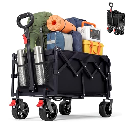 HAUSPROFI Bollerwagen Faltbar 80-100L 100KG Tragkraft, Faltbarer Bollerwagen Geländetauglich mit Bremsen, All-Terrain, Seitentasche und Getränkehalter, für Outdoor, Camping, Garten und Einkaufen