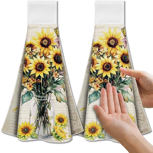 CUTHOLLOW Sunflower and Vase Hanging Kitchen Towels with Loop, Set of 2 - Soft & Super Absorbent Microfiber Decorative Hanging Dish & Hand Towel, Tea, Coffee Towel for Kitchen Bathroom Oven Handle