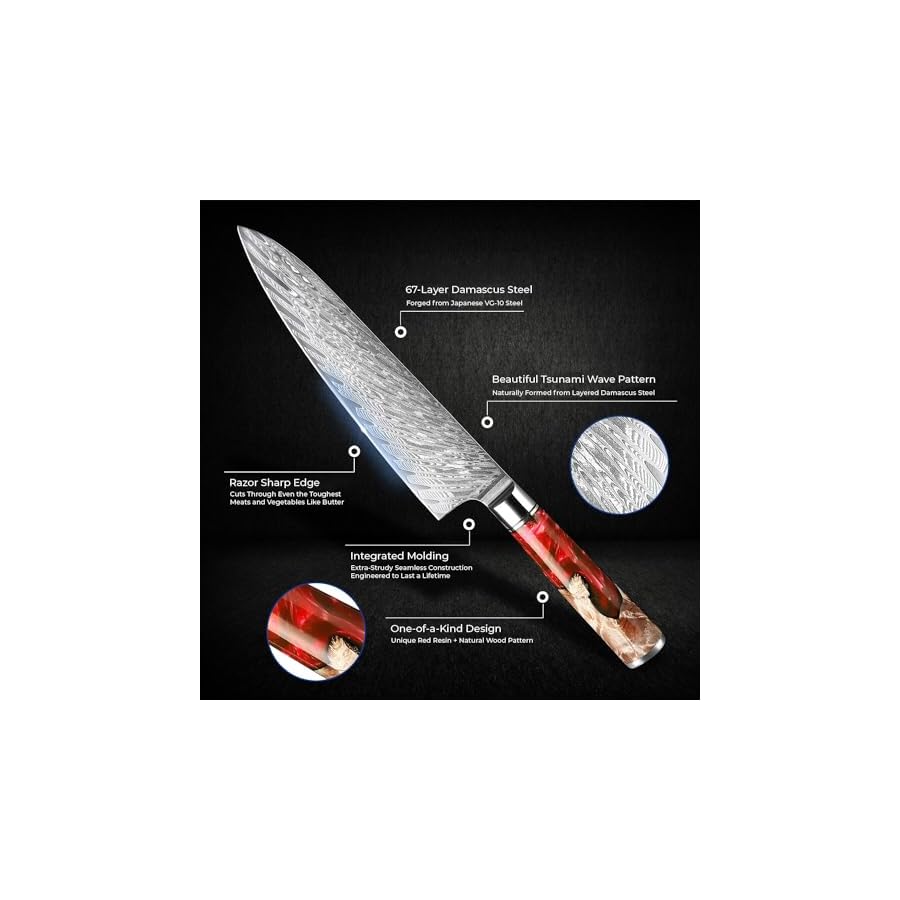 SENKEN-7-Piece-Damascus-Kitchen-Knife-Set-Tsunami-Collection-67-Layer-Japanese-VG10-Steel-Chefs-Knife-Cleaver-Santoku-Bread-Boning-More-Red-Resin-Blend SENKEN 7-Piece Damascus Kitchen Knife Set - Tsunami Collection - 67-Layer Japanese VG10 Steel - Chef's Knife, Cleaver, Santoku, Bread, Boning, & More (Red Resin Blend)