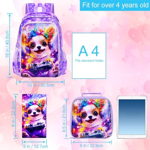 Image of CCJPX 3Pcs Dog Backpack for Girls, 16 inch Kids Sequin Bookbag with Lunch Box, Cute Water Resistant Schoolbag for Preschool Kindergarten Toddler(Purple)
