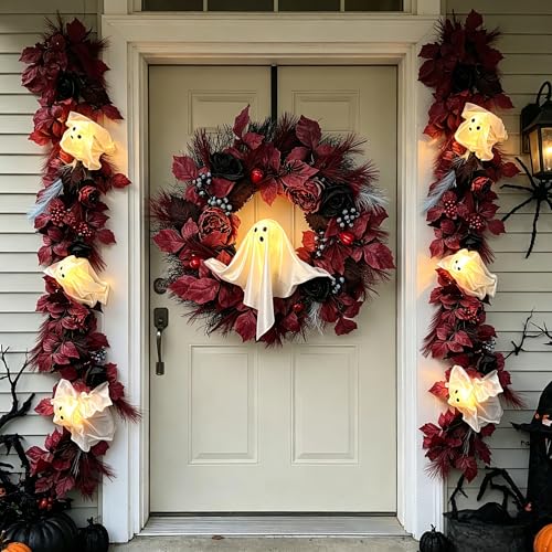 6FT Gothic Halloween Garland with Light-Up Cute White Ghosts - image 3