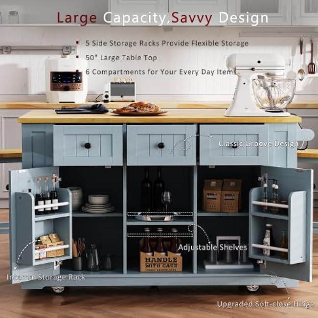 53 inch Large Kitchen Island with Drop Leaf, Power Outlet, Door Internal Storage Rack, Rolling Kitchen Cart on 5 Wheels for Kitchen, Dining Room-j98sRuU3