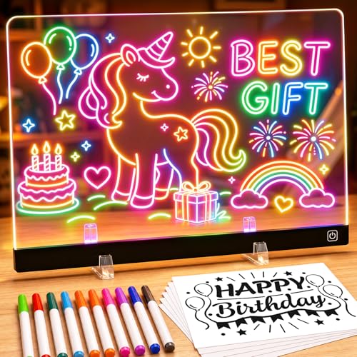 16 LED Light Up Drawing Board for Kids - Thickened Anti-Scratch Acrylic Glow Art Pad with 12 Markers - Neon Message Board & Night Light - Creative Toys Birthday Gifts Ideas for Boys & Girls Grandkids