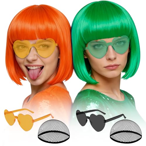Image of MEEZY 2 Pcs Colorful Bob Wigs with Bangs Green Orange for Women, Neon Funny Wig Short Bob Hair with Heart Sunglasses Hair Cap for Halloween Costume Cosplay Birthday Bachelorette Party Carnival