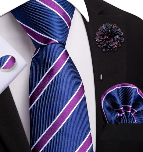Image of Dubulle Mens Tie and Lapel Pin Paisley Striped Floral Necktie for Men Pocket Square Cufflinks 4PCS Set Wedding Party