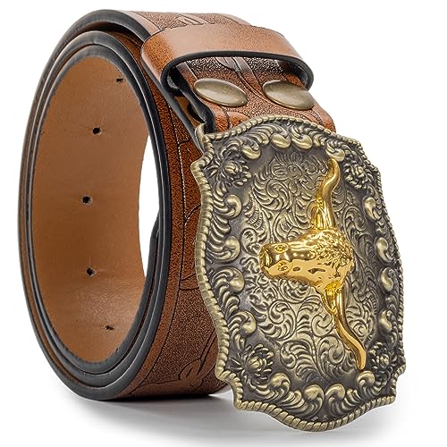 Western Bull Cowboy Belt for Men - Women Vintage Embossed PU Leather Cowgirl Belt Rodeo Country Farm Wedding Costume Jeans