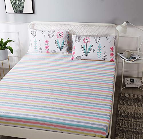 Image of 100% Soft Cotton Fitted Sheet Twin Size Deep Pocket Colorful Striped Wrinkle Free,1 Piece Cooling Bed Sheet Comfortable Kids Gingham Bedding Collection Twin Bed Sheet,Rainbow Sheet Twin