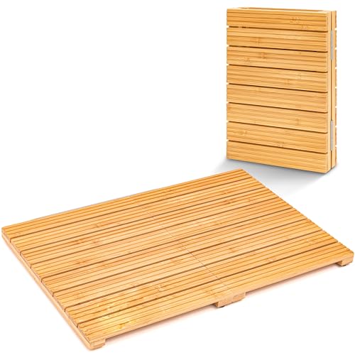 SereneLife Bamboo Shower Bath Mat, Foldable Non-Slip Wooden Floor Mat for Bathroom, Sauna, Spa, Outdoors -Large Board up to 140kg, Easy Storage,40x60x3cm - Natural, Brown
