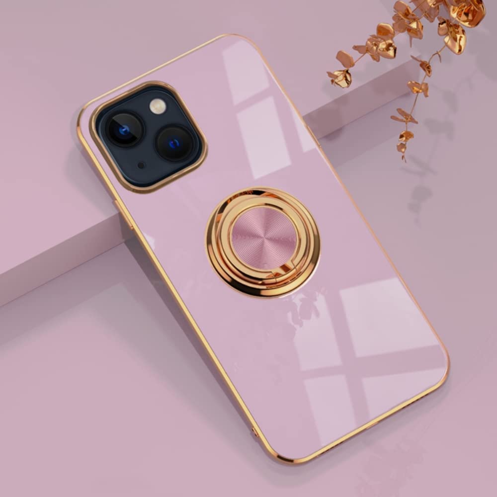 YoYoTech Luxury Silicone iPhone 14 Case (2022) Soft TPU Shockproof 360 Degree Ring Holder Kickstand Slim Plated Phone Case Cover-Light Purple