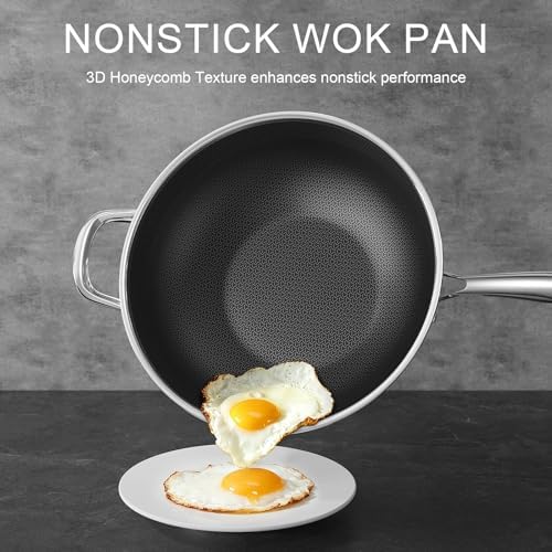 13" Hybrid Nonstick Stainless Steel Wok with Glass Lid, Laser-Textured Wok Pan, PFOA-Free Woks & Stir-Fry Pans, Oven & Dishwasher safe, Induction Ready, Compatible for Gas Electric Glass Cooktops - Thumbnail 2