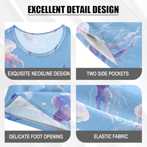 ALAZA Funny Fish Jellyfish Blue Pajamas Set Short Sleeve Cotton Sleepwear Summer Pjs 2 Piece 5-14Y4