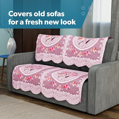 Image of Kuber Industries (Set of 6) Stylish & Durable Cotton Sofa Covers 2+1 Seater | Aesthetic Sofa Protector /Mat & Slipcover for Living Room & Office | Flower Design - White & Pink
