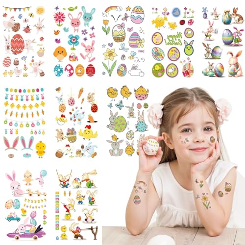 VIWIEU 150+ Easter Temporary Tattoos for Kids Bulk 10 Sheets, Easter Bunny Decorations Basket Stuffers Egg Hunt Fillers Party Favor Essentials for Toddler and Teens Holiday Treats
