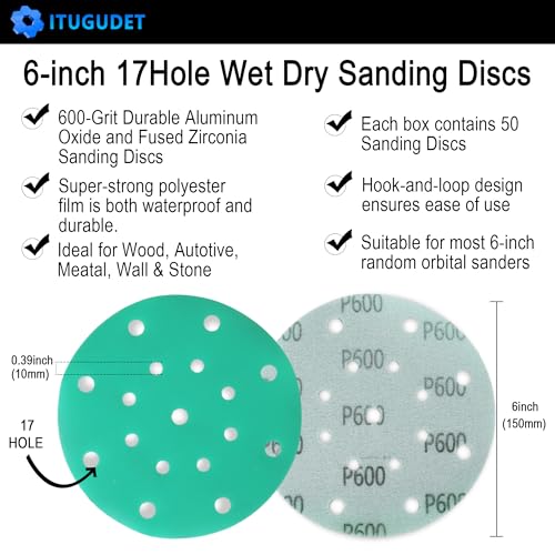 Image of 6-Inch 17-Hole 600 Grit Zirconia Alumina Hook & Loop Sanding Discs, Heavy-Duty Polyester Film Backing, Wet /Dry Anti-Clog for Random Orbital Sanders - Wood, Automotive, Metal - 50 Pack