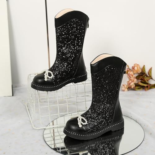 Girls Glitter Mid-Calf Boots Pearl Bow knot PU Leather Waterproof Combat Shoes Fashion Sparkle Boot With Back Zipper3