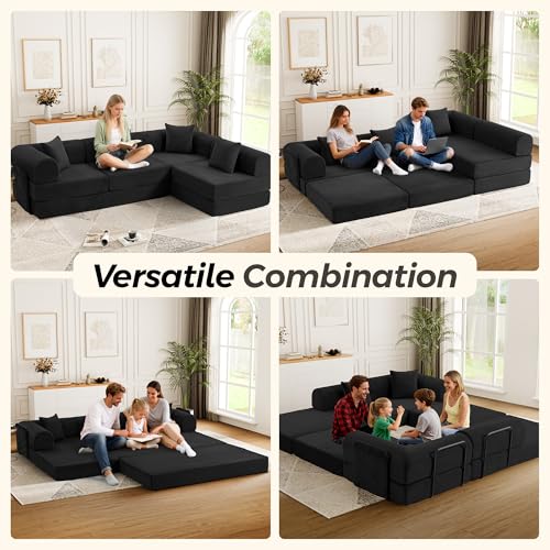 Image of 106 inch Modular Sectional Sofa Bed, L-Shaped Convertible Sleeper Sofa with Fixed-Shape Metal Frame, Oversized Corduroy Cloud Couch with Storage Pocket, No Assembly Couch for Living Room, Black