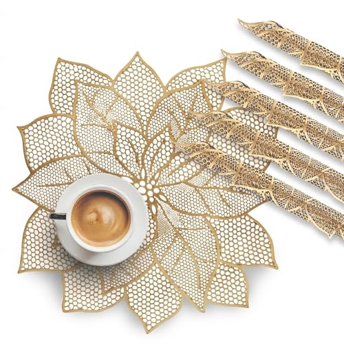 Image of Kuber Industries Leather Table Mats Set of 6 | Washable Placemat /Dining Table Mat for Wedding and Family Functions | Patta Design - Golden