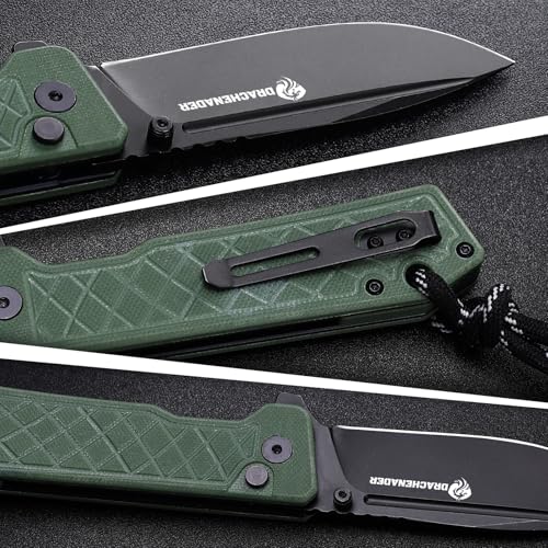 DRACHENADER IE-BR Klappmesser Einhandmesser, 14C28N Stahl, G10 Griff, Taschenmesser mit Buttonlock, Clip, Nylontasche für Camping, Wandern, Klinge Schwarz + Griff Grün – Bild 5