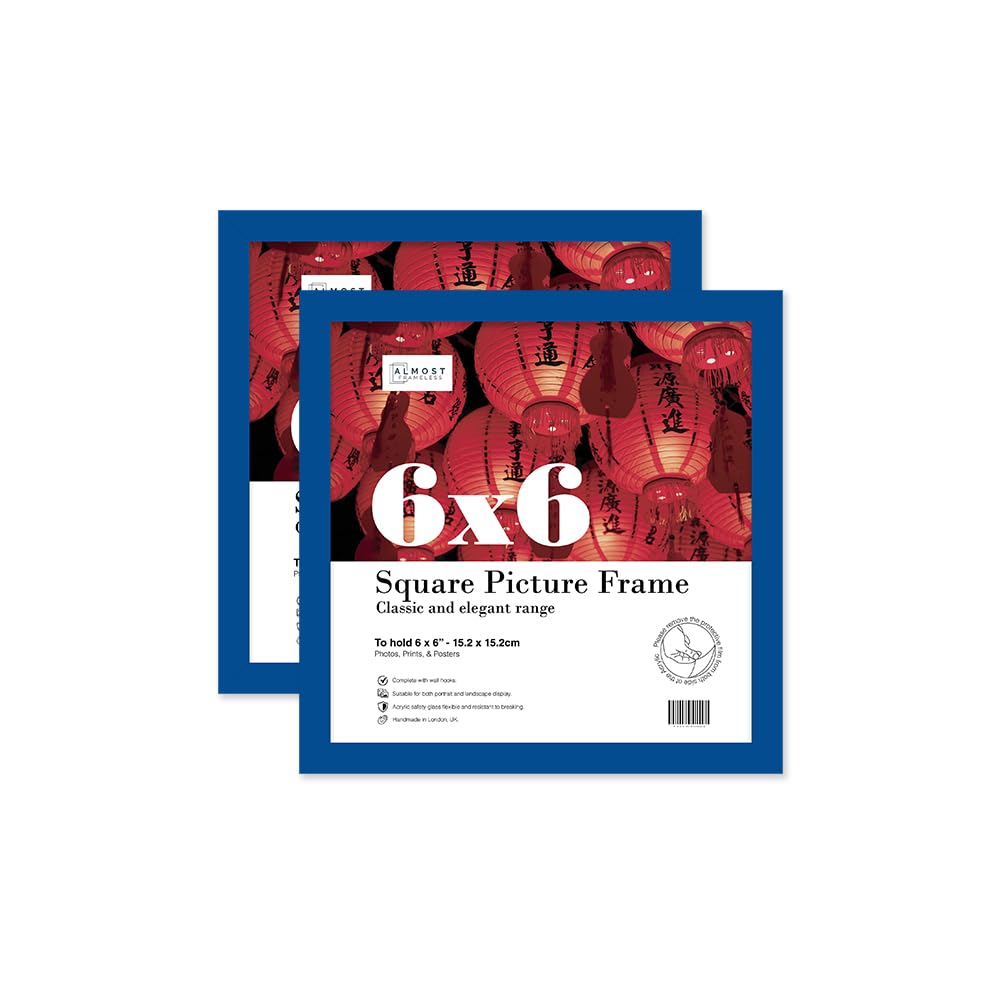 Almost Frameless 6x6 Blue Picture Frame Set of 2, Display 6x6 Picture Gallery Wall, Poster, Photo, Artwork, or Print, Blue, Square