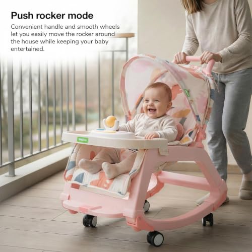 Image of Baybee Baby Rocker & Bouncer Chair for 0-3 Years | Baby Feeding Chair with Push Rocker Mode, Adjustable Canopy, Hanging Toys, 360 Wheels & 3-Point Safety Belt (Pink)