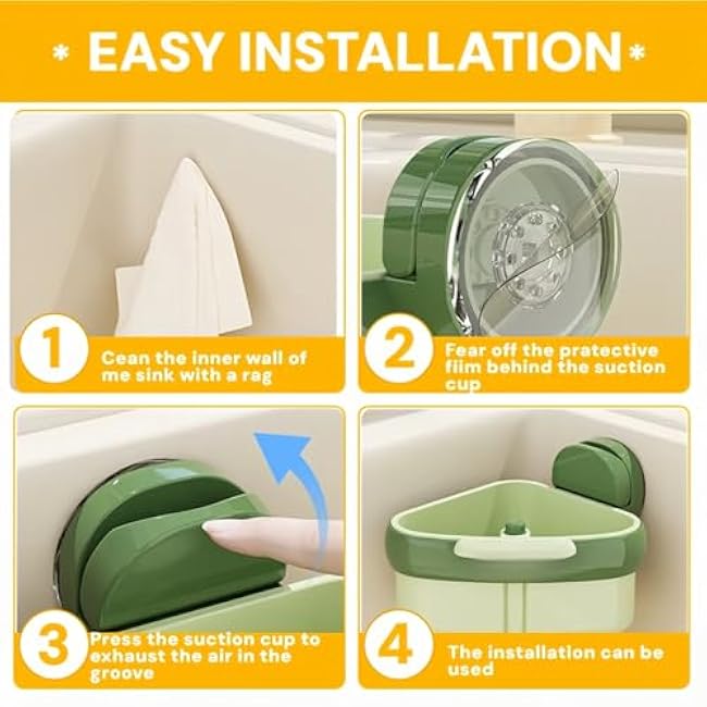 Corner Sink Strainer, Suction Cup Sink Corner Rack, Food Waste Catcher for Sink, Automatic Dumping Triangle Sinks Basket Shelf with Suction Cup, Sucker Corner Hanging, for Kitchen (Green)