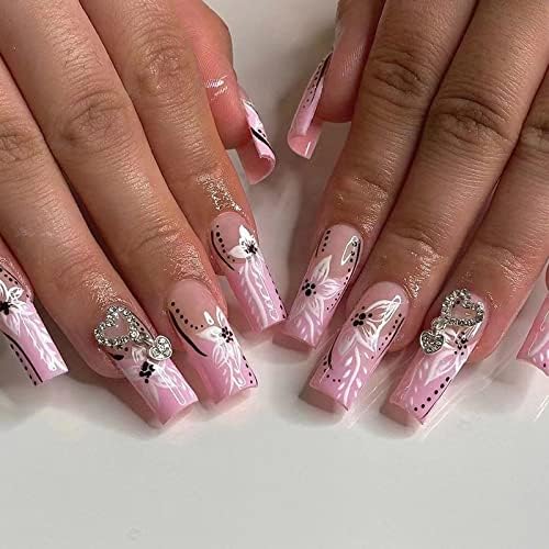 MISUD Press on Nails Long Coffin Fake Nails Glossy Glue on Nails Pink French Tip Ballerina Acrylic Nails Heart Shape 3D Rhinestone False Nails with Flower Design 24 pcs